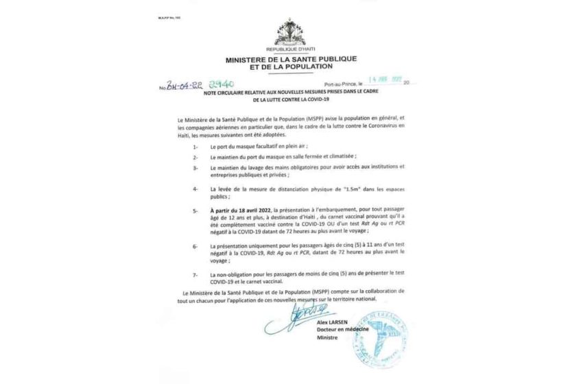  Le MSPP exige un carnet vaccinal aux voyageurs à destination d’Haïti à partir du 18 avril 2022.