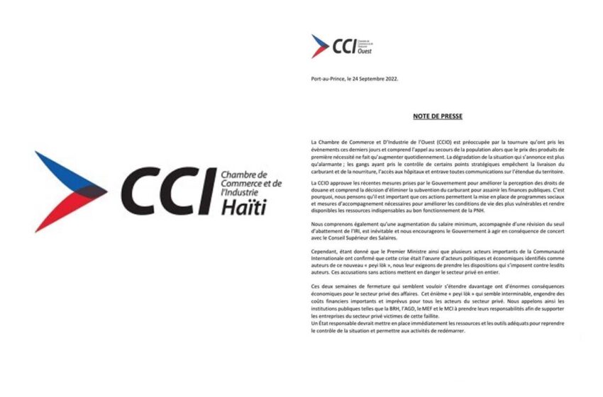  Haiti-Crise: la CCIO exprime ses inquiétudes et appelle l’Etat haïtien à assumer ses responsabilités.